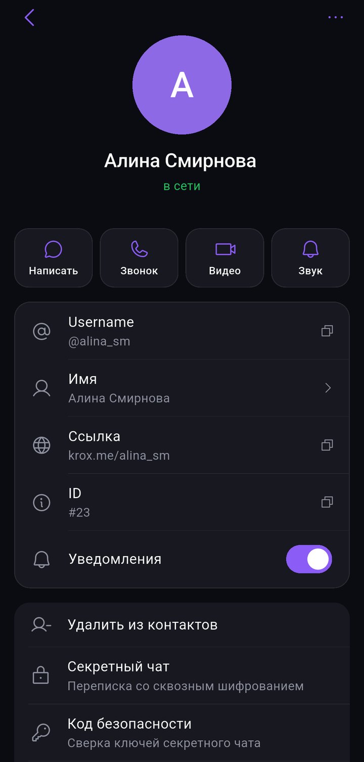 Профиль собеседника в тёмной теме: @username, ссылка, ID и кнопки звонка